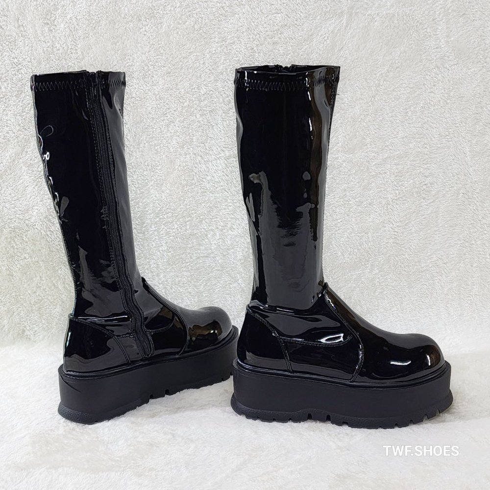 Demonia Shiny Black Tall Platform Boots - Picture 5 of 10